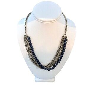 New Boutique Necklace Brass Tone Multi Strand  Black Beads 6J